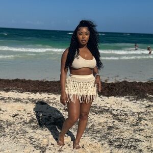 Beige Crochet Bikini Set with Fringe Skirt